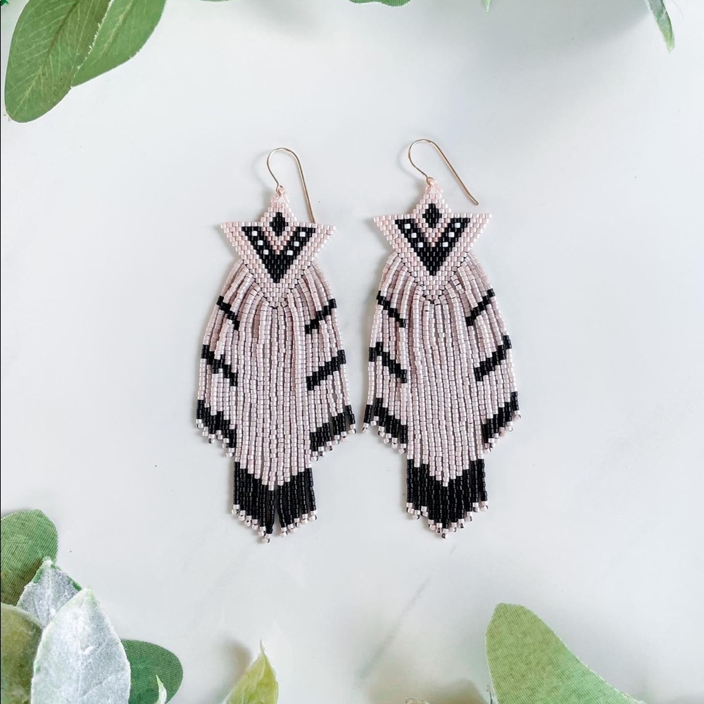 Boho Seed Bead Fringe Earrings Pink Black Champagne Handmade